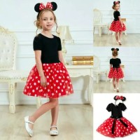 Baju dress pesta anak Minnie Mouse set bando,baju anak perempuan impor